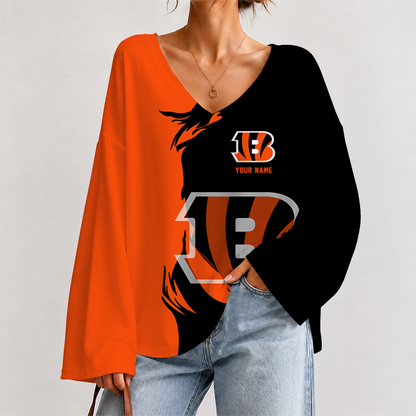 [SPECIAL OFFER] NEW CUSTOMIZED NFL16 CCB CINCINNATI BENGALS V NECK LONG SLEEVED CROP TOP