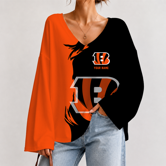 [SPECIAL OFFER] NEW CUSTOMIZED NFL16 CCB CINCINNATI BENGALS V NECK LONG SLEEVED CROP TOP