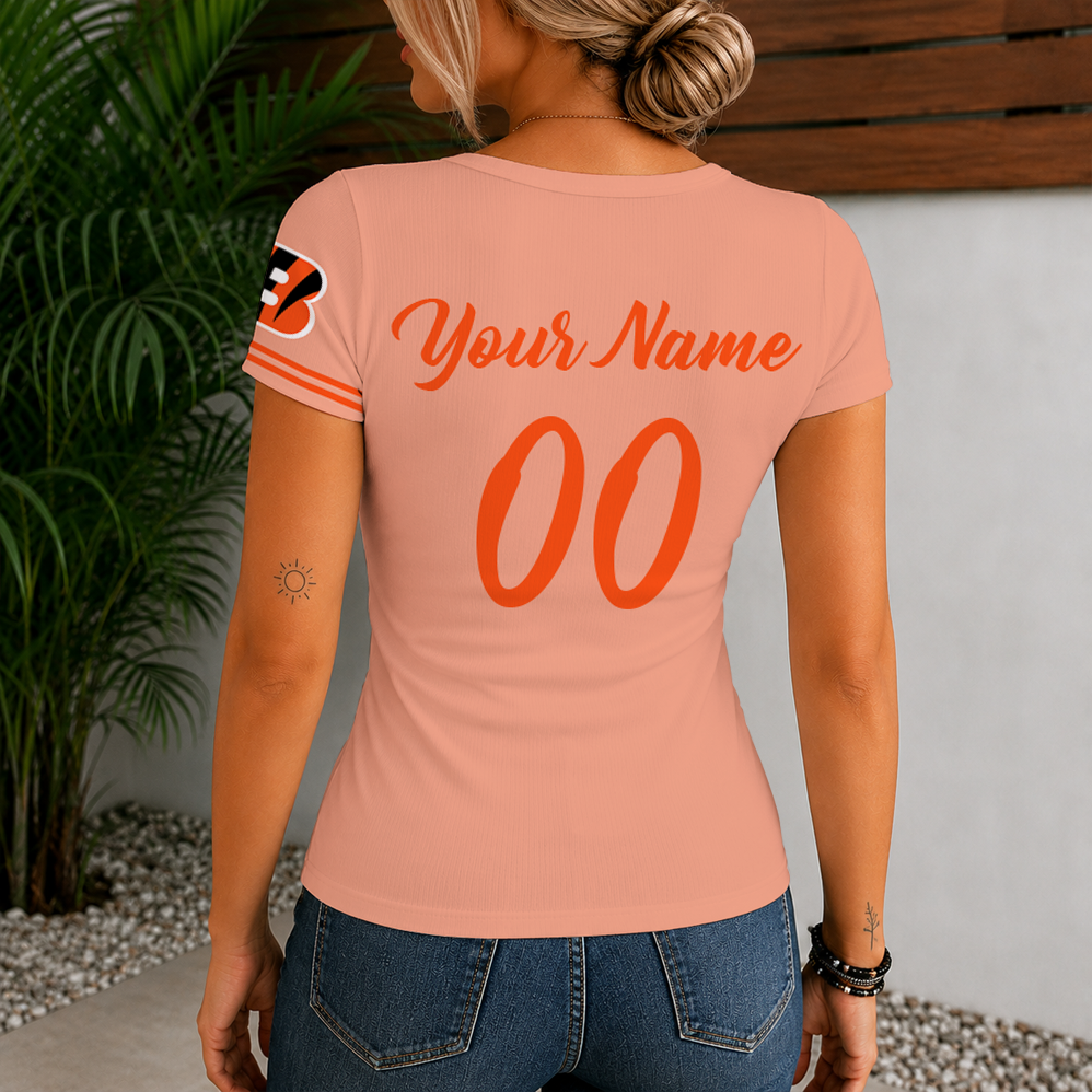 [SPECIAL OFFER] NEW CUSTOMIZED NFL16 CCB CINCINNATI BENGALS WOMEN'S SHORT SLEEVE HENLEY T-SHIRT