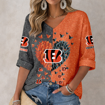 LIMITED EDITION - NEW CUSTOMIZED NFL16 CCB CINCINNATI BENGALS WOMEN'S HEART V-NECK LONG SLEEVE SHIRT