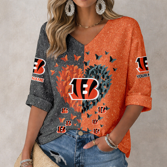 LIMITED EDITION - NEW CUSTOMIZED NFL16 CCB CINCINNATI BENGALS WOMEN'S HEART V-NECK LONG SLEEVE SHIRT