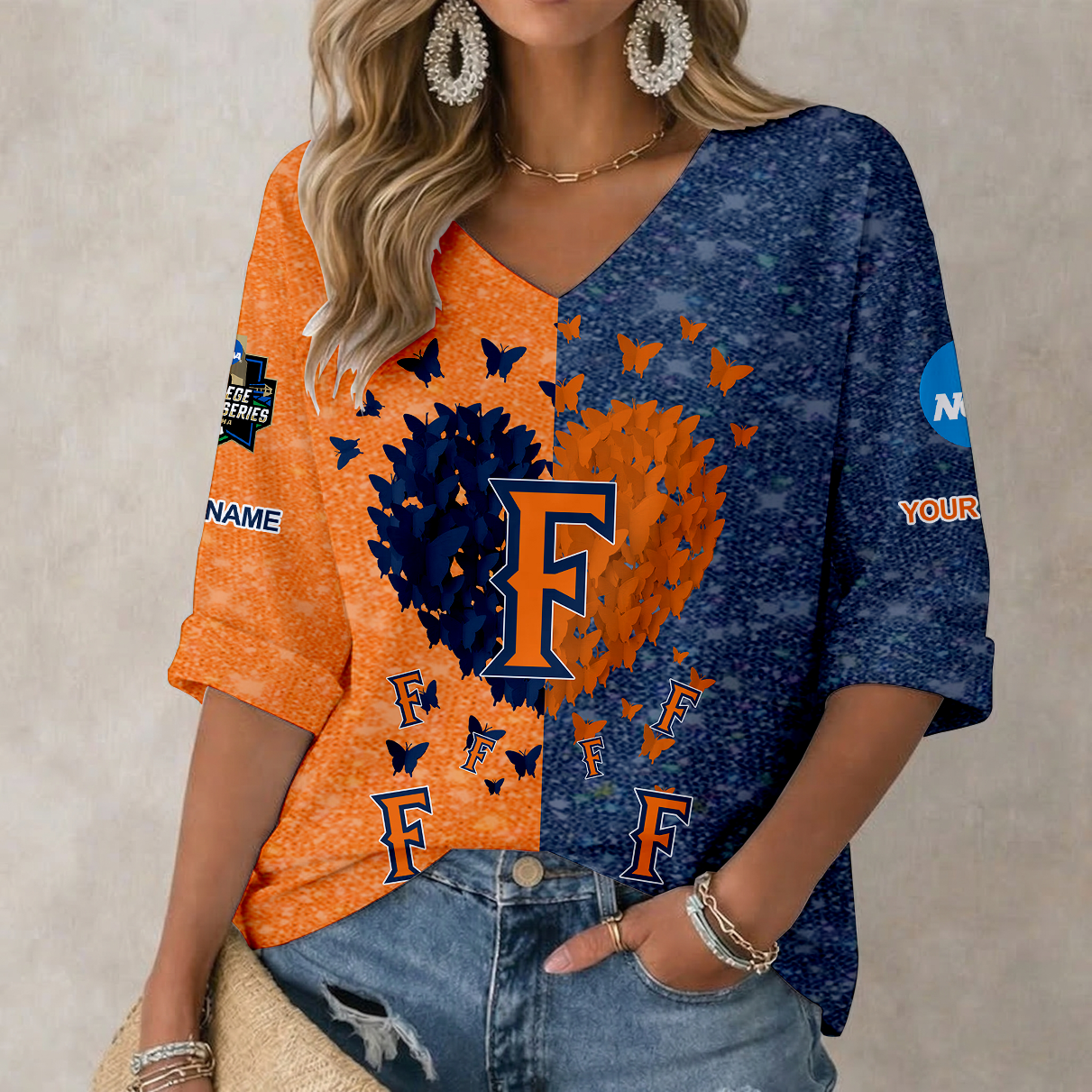 LIMITED EDITION - NEW CUSTOMIZED NCAA CWS16 CFT CAL STATE FULLERTON TITANS WOMEN'S HEART V-NECK LONG SLEEVE SHIRT
