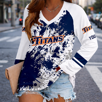 [FAN FAVORITE] NEW CUSTOMIZED NCAA CWS16 CFT CAL STATE FULLERTON TITANS WOMEN'S V-NECK LONG SLEEVED SHIRT