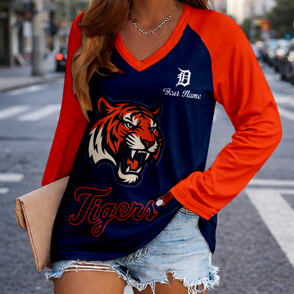 LIMITED EDITION - NEW CUSTOMIZED MLB16 DTS DETROIT TIGERS WOMEN'S V-NECK LONG SLEEVED SHIRT