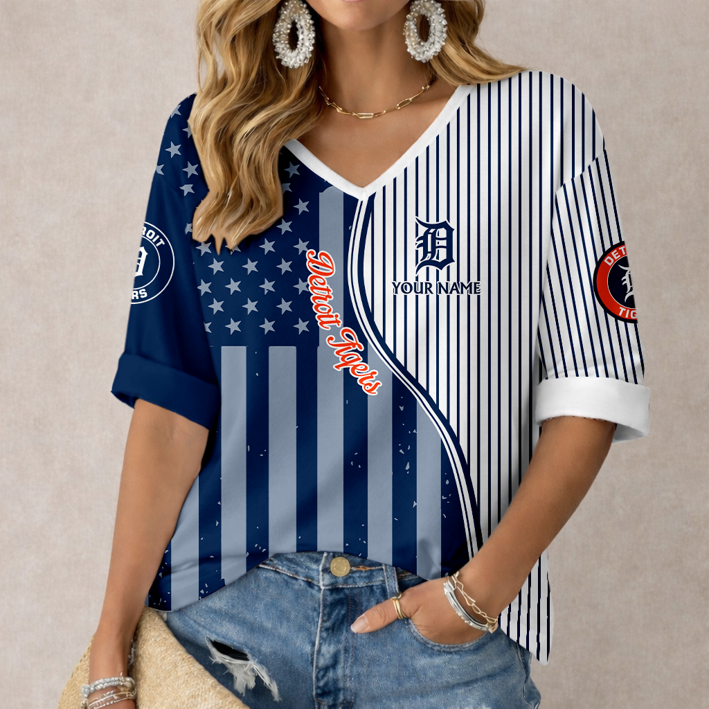 ELITE EDITION - NEW CUSTOMIZED MLB16 DTS DETROIT TIGERS WOMEN'S HEART V-NECK LONG SLEEVE SHIRT
