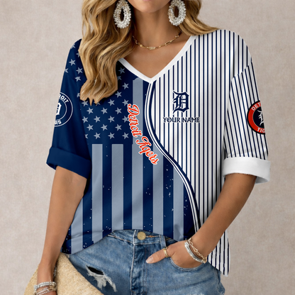 ELITE EDITION - NEW CUSTOMIZED MLB16 DTS DETROIT TIGERS WOMEN'S HEART V-NECK LONG SLEEVE SHIRT