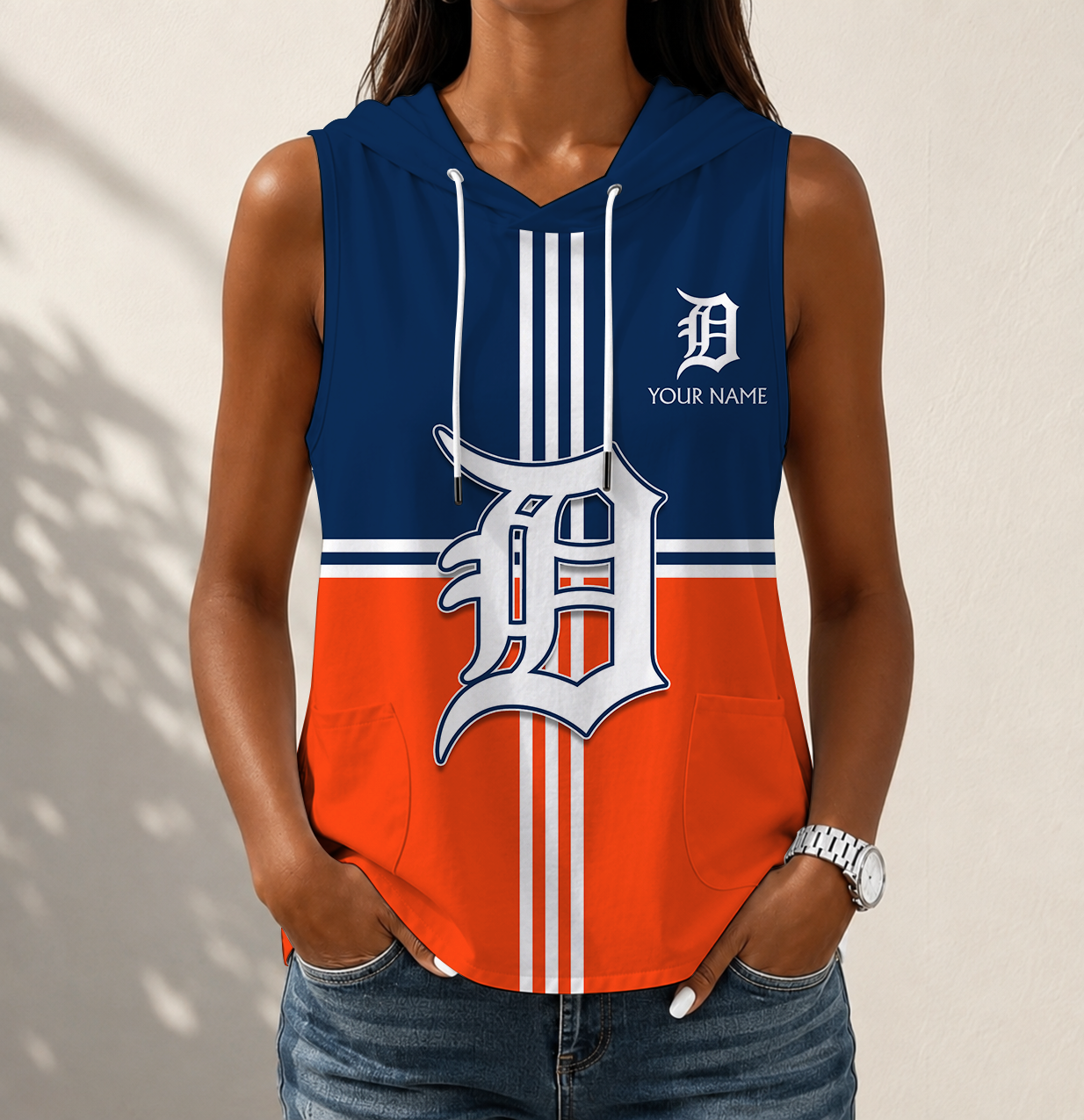 LIMITED EDITION - NEW CUSTOMIZED MLB16 DTS DETROIT TIGERS WOMEN'S SLEEVELESS HOODED POCKET TANK TOP
