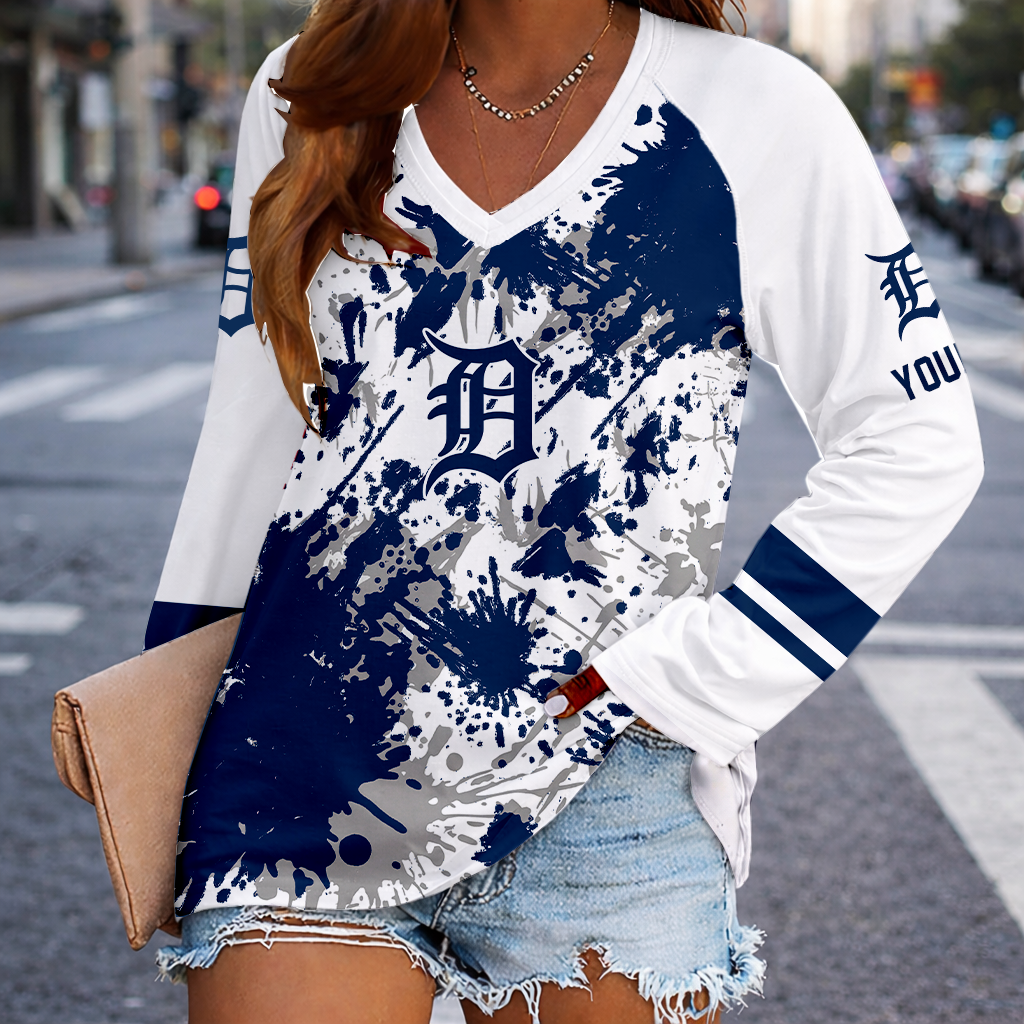 [FLASH SALE] NEW CUSTOMIZED MLB16 DTS DETROIT TIGERS WOMEN'S V-NECK LONG SLEEVED SHIRT