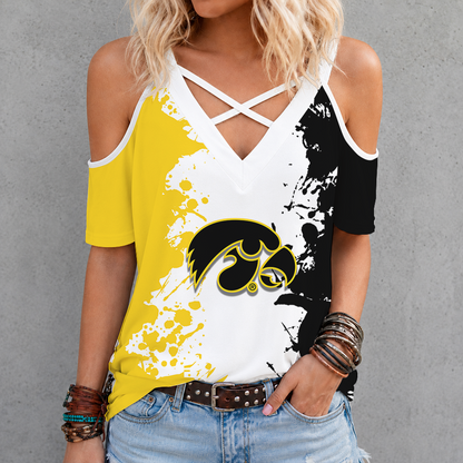 [FAN FAVORITE] NEW CUSTOMIZED NCAA MAM16 IWH IOWA HAWKEYES CRISS CROSS V-NECK TOP