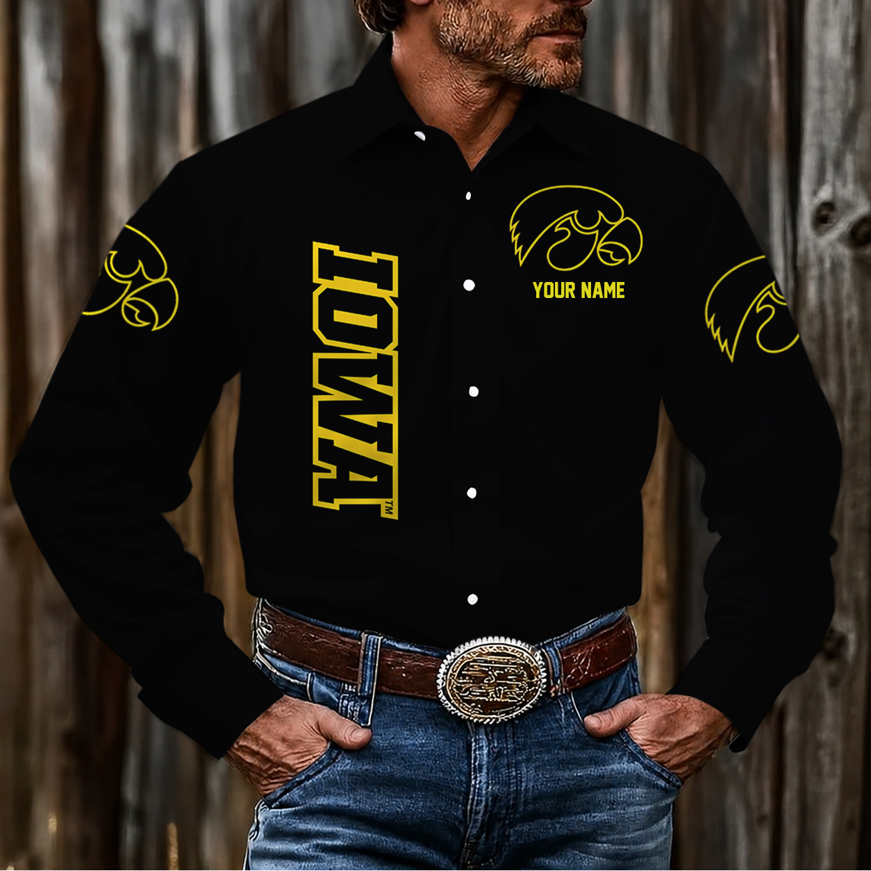 EXCLUSIVE EDITION - NEW CUSTOMIZED NCAA MAM16 IWH IOWA HAWKEYES MEN'S LONG SLEEVE BUTTON-UP SHIRT