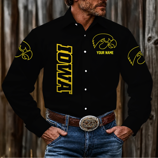 EXCLUSIVE EDITION - NEW CUSTOMIZED NCAA MAM16 IWH IOWA HAWKEYES MEN'S LONG SLEEVE BUTTON-UP SHIRT