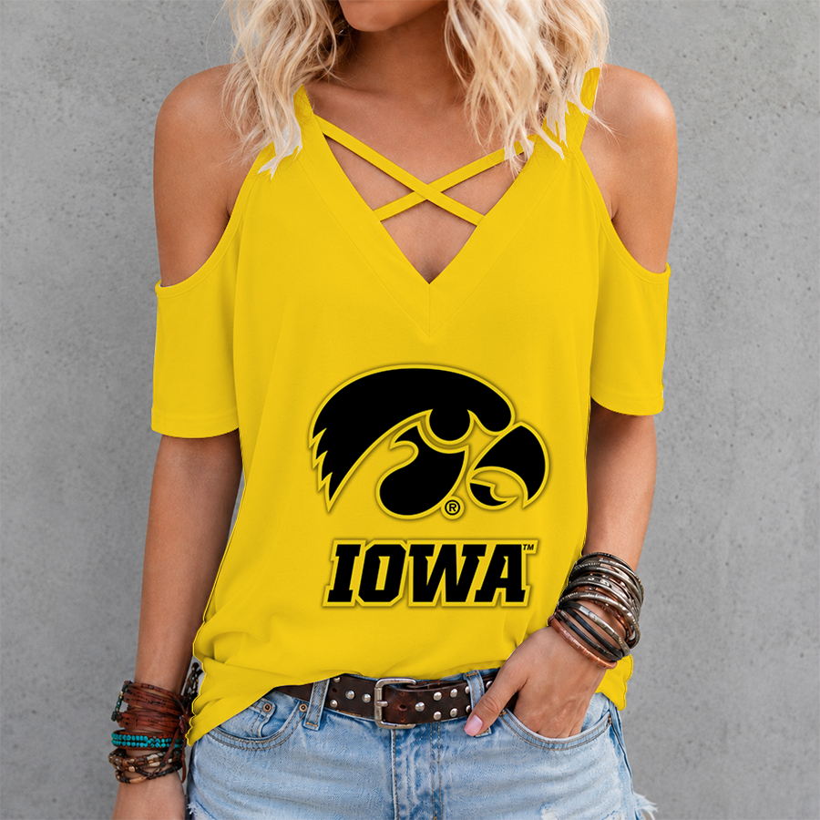 [FAN FAVORITE] NEW CUSTOMIZED NCAA MAM16 IWH IOWA HAWKEYES CRISS CROSS V-NECK TOP