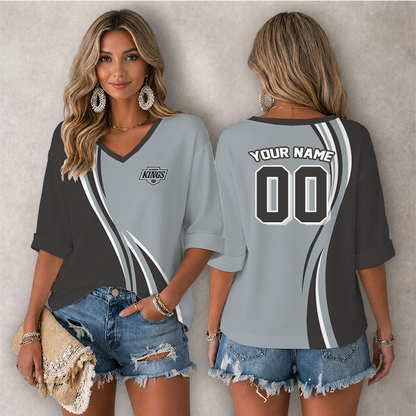 LIMITED EDITION - NEW CUSTOMIZED NHL16 LAK LOS ANGELES KINGS WOMEN'S HEART V-NECK LONG SLEEVE SHIRT