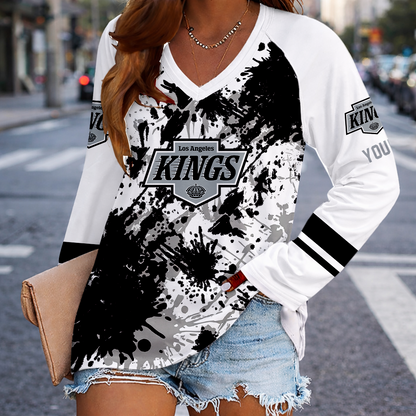 [SUPER SALE] NEW CUSTOMIZED NHL16 LAK LOS ANGELES KINGS WOMEN'S V-NECK LONG SLEEVED SHIRT