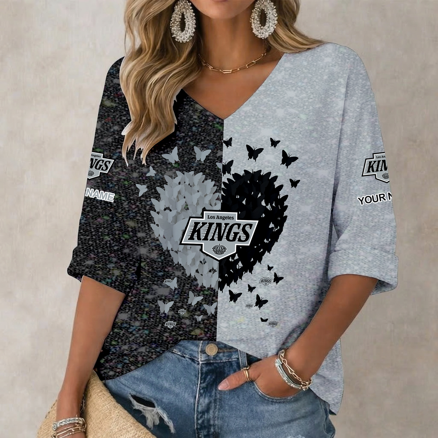 LIMITED EDITION - NEW CUSTOMIZED NHL16 LAK LOS ANGELES KINGS WOMEN'S HEART V-NECK LONG SLEEVE SHIRT