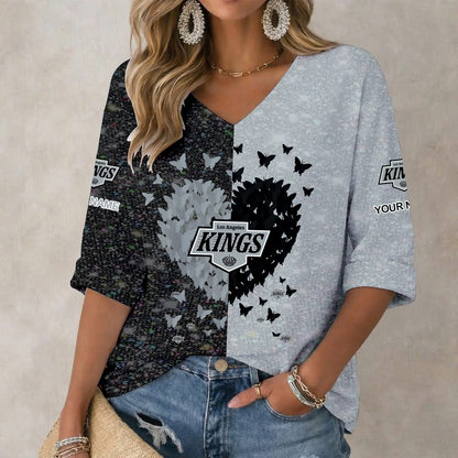 LIMITED EDITION - NEW CUSTOMIZED NHL16 LAK LOS ANGELES KINGS WOMEN'S HEART V-NECK LONG SLEEVE SHIRT