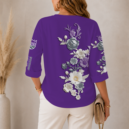 [HOT DEAL] NEW CUSTOMIZED NBA16 SKI SACRAMENTO KINGS WOMEN'S V-NECK LONG SLEEVE SHIRT
