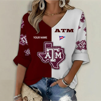 ELITE EDITION - NEW CUSTOMIZED NCAA FBS16 TAA TEXAS A&M AGGIES WOMEN'S HEART V-NECK LONG SLEEVE SHIRT