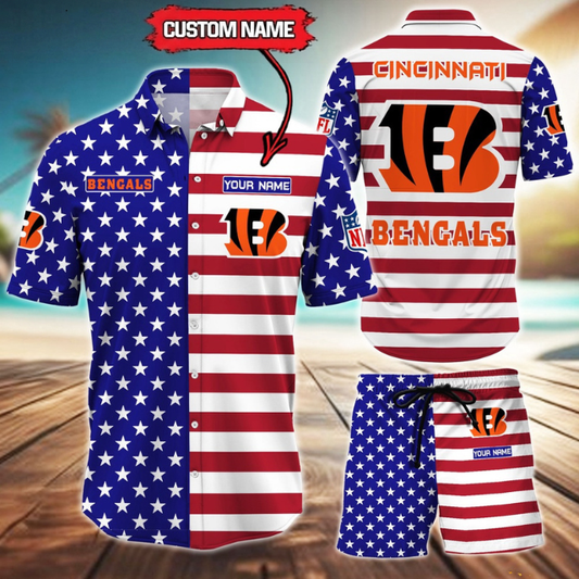 ELITE EDITION  - NEW CUSTOMIZED NFL16 CCB CINCINNATI BENGALS UNISEX INDEPENDENCE DAY HAWAIIAN SHIRT & SHORTS SET