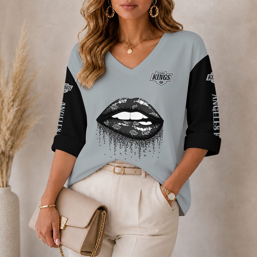 [SUPER SALE] NEW CUSTOMIZED NHL16 LAK LOS ANGELES KINGS WOMEN'S HEART V-NECK LONG SLEEVE SHIRT