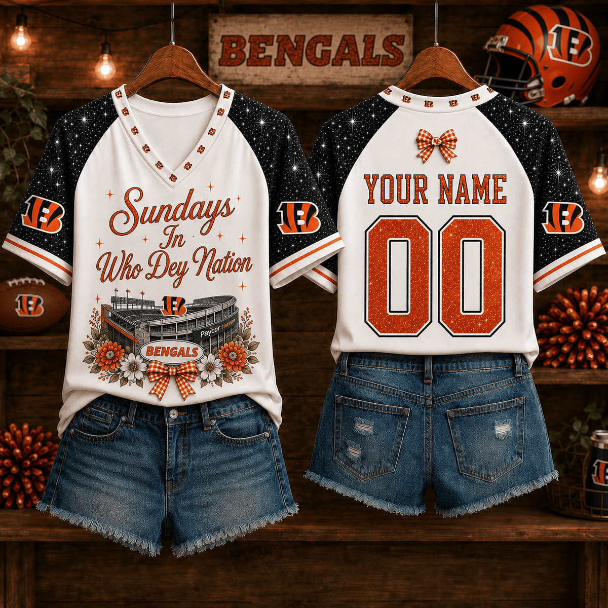 EXCLUSIVE EDITION - NEW CUSTOMIZED NFL16 CCB CINCINNATI BENGALS V-NECK FEMALE SHIRT