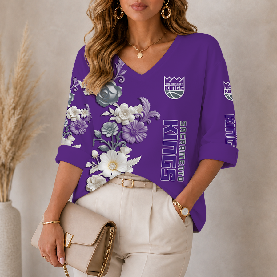 [HOT DEAL] NEW CUSTOMIZED NBA16 SKI SACRAMENTO KINGS WOMEN'S V-NECK LONG SLEEVE SHIRT