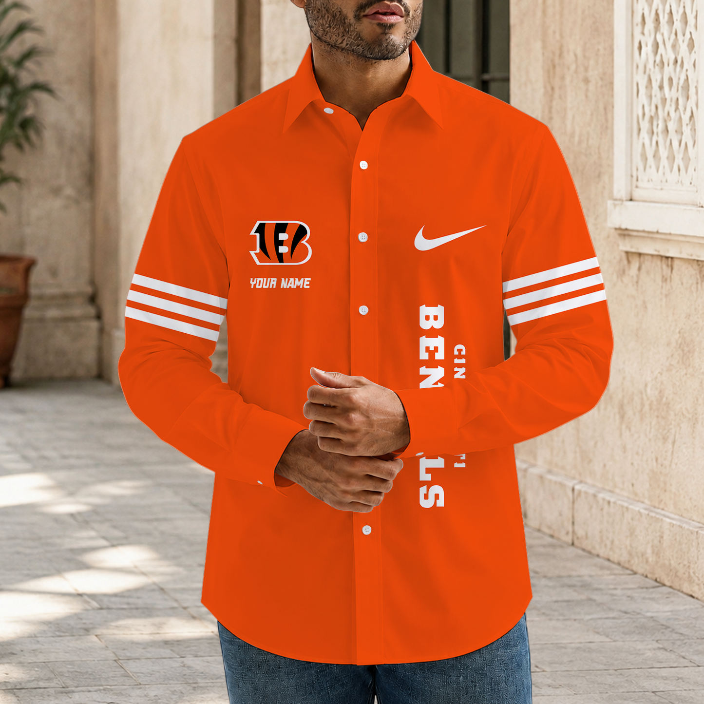 [SPECIAL OFFER] NEW CUSTOMIZED NFL16 CCB CINCINNATI BENGALS MEN'S LONG SLEEVE BUTTON-UP SHIRT