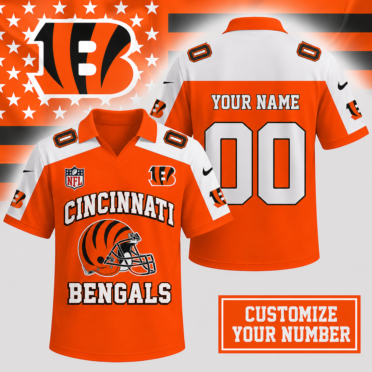 ELITE EDITION - NEW CUSTOMIZED NFL16 CCB CINCINNATI BENGALS POLO SHIRT