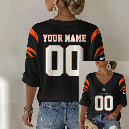 ELITE EDITION - NEW CUSTOMIZED NFL16 CCB CINCINNATI BENGALS WOMEN'S HEART V-NECK LONG SLEEVE SHIRT