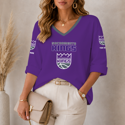 [HOT DEAL] NEW CUSTOMIZED NBA16 SKI SACRAMENTO KINGS WOMEN'S HEART V-NECK LONG SLEEVE SHIRT