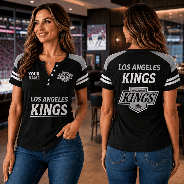 SPECIAL EDITION - NEW CUSTOMIZED NHL16 LAK LOS ANGELES KINGS WOMEN'S SHORT SLEEVE HENLEY T-SHIRT