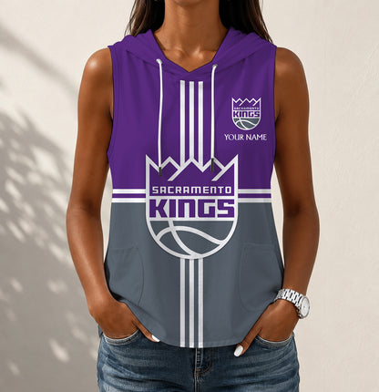 LIMITED EDITION - NEW CUSTOMIZED NBA16 SKI SACRAMENTO KINGS WOMEN'S SLEEVELESS HOODED POCKET TANK TOP