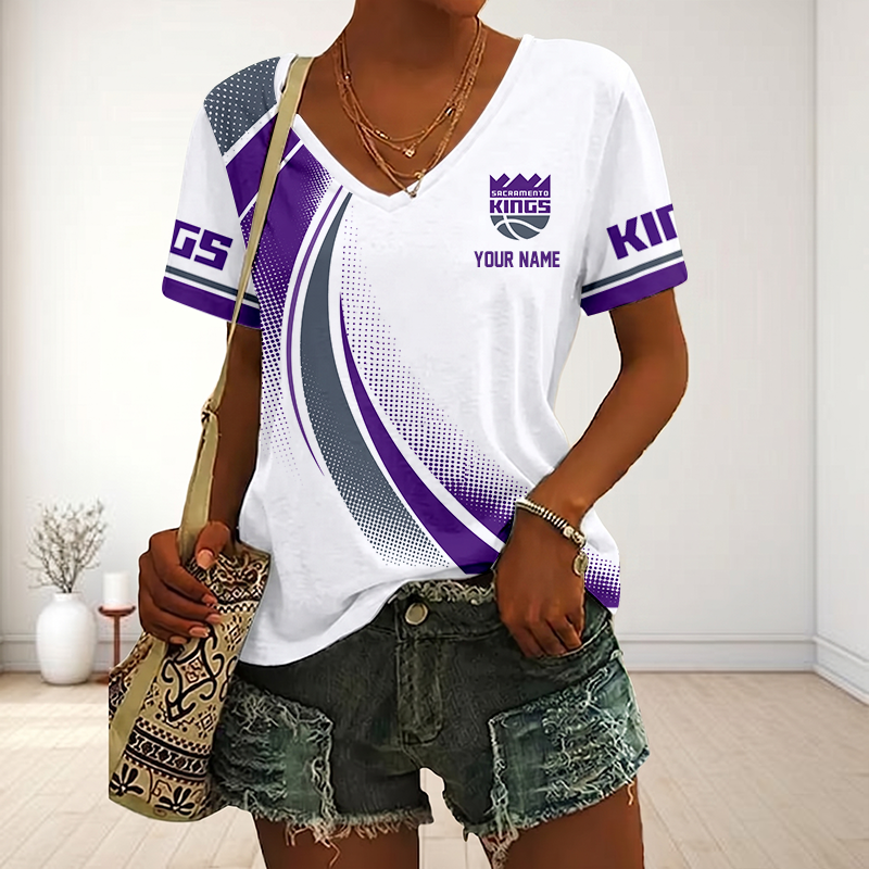 FINAL SALE - NEW CUSTOMIZED NBA16 SKI SACRAMENTO KINGS V-NECK FEMALE SHIRT