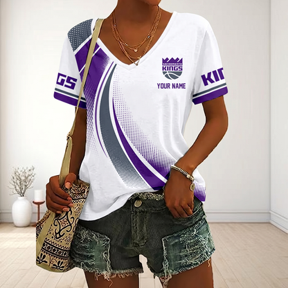 FINAL SALE - NEW CUSTOMIZED NBA16 SKI SACRAMENTO KINGS V-NECK FEMALE SHIRT