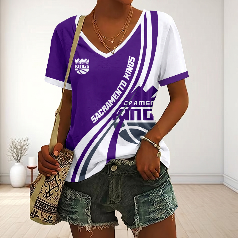 LIMITED EDITION - NEW CUSTOMIZED NBA16 SKI SACRAMENTO KINGS V-NECK FEMALE SHIRT