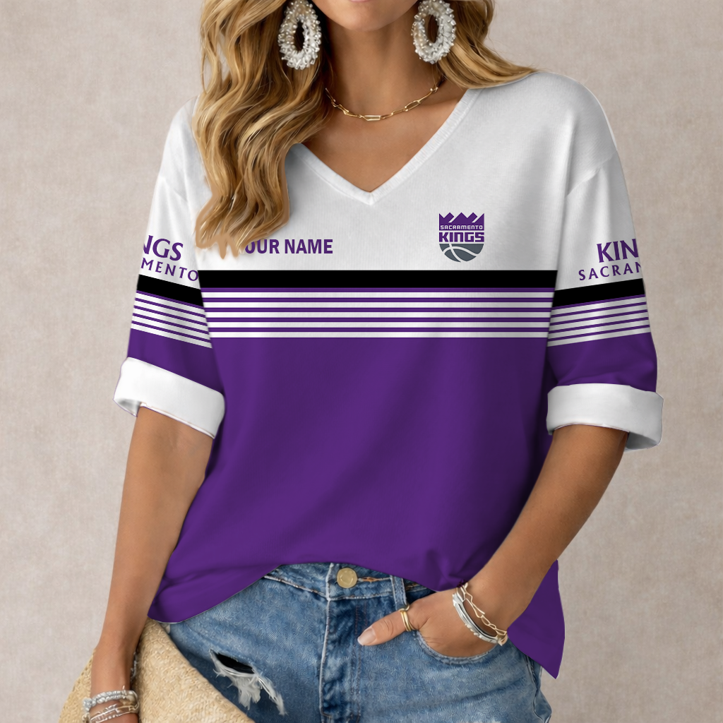 LIMITED EDITION - NEW CUSTOMIZED NBA16 SKI SACRAMENTO KINGS WOMEN'S HEART V-NECK LONG SLEEVE SHIRT