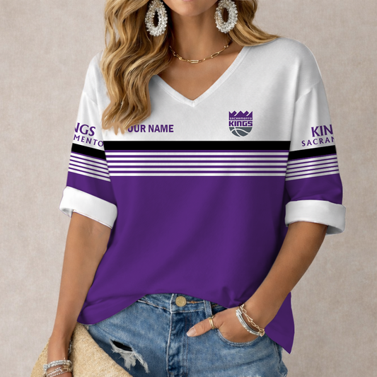 LIMITED EDITION - NEW CUSTOMIZED NBA16 SKI SACRAMENTO KINGS WOMEN'S HEART V-NECK LONG SLEEVE SHIRT