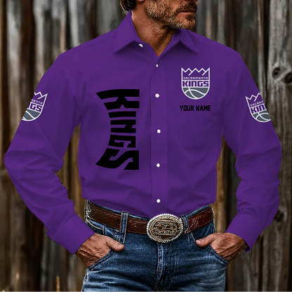 LIMITED EDITION - NEW CUSTOMIZED NBA16 SKI SACRAMENTO KINGS MEN'S LONG SLEEVE BUTTON-UP SHIRT