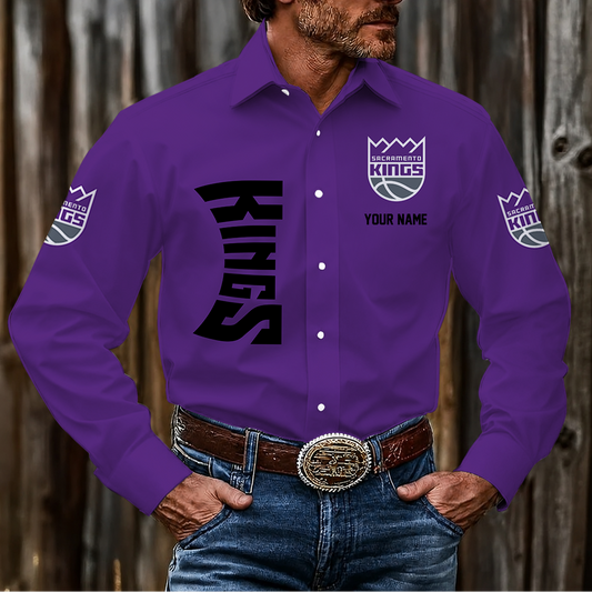 LIMITED EDITION - NEW CUSTOMIZED NBA16 SKI SACRAMENTO KINGS MEN'S LONG SLEEVE BUTTON-UP SHIRT