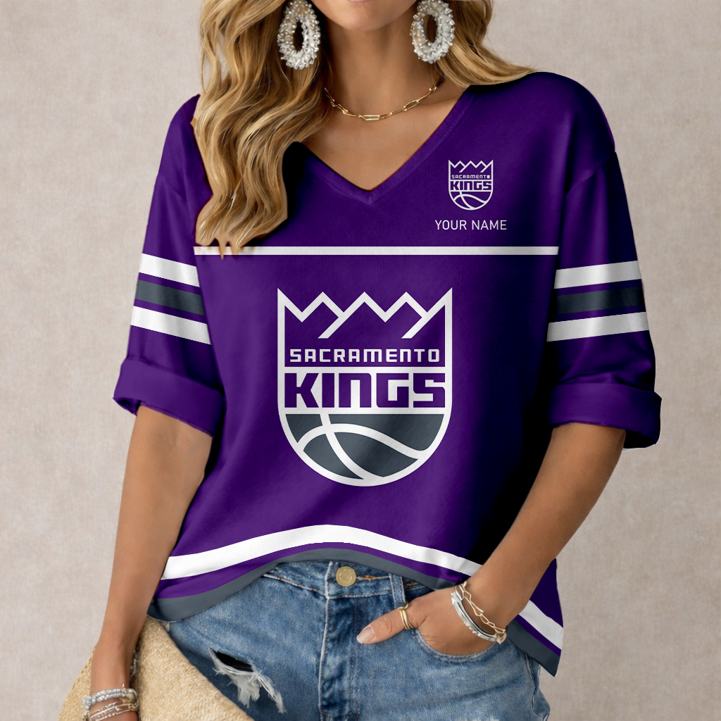 LIMITED EDITION - NEW CUSTOMIZED NBA16 SKI SACRAMENTO KINGS WOMEN'S HEART V-NECK LONG SLEEVE SHIRT