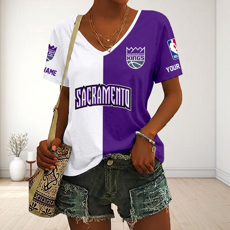 LIMITED EDITION - NEW CUSTOMIZED NBA16 SKI SACRAMENTO KINGS V-NECK FEMALE SHIRT