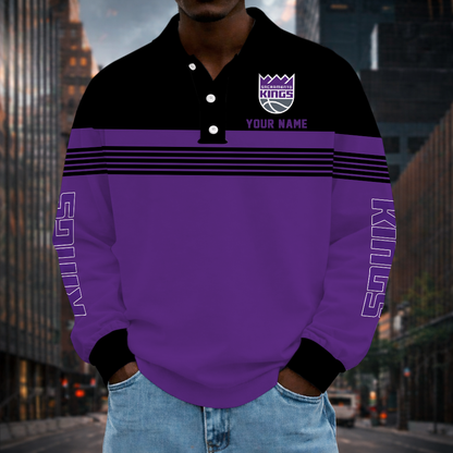 ELITE EDITION - NEW CUSTOMIZED NBA16 SKI SACRAMENTO KINGS MEN LONG SLEEVE POLO