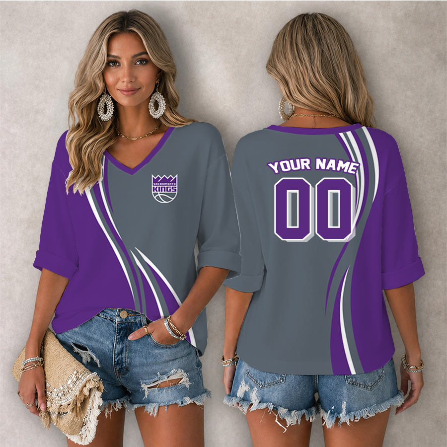 LIMITED EDITION - NEW CUSTOMIZED NBA16 SKI SACRAMENTO KINGS WOMEN'S HEART V-NECK LONG SLEEVE SHIRT