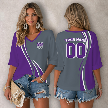 LIMITED EDITION - NEW CUSTOMIZED NBA16 SKI SACRAMENTO KINGS WOMEN'S HEART V-NECK LONG SLEEVE SHIRT