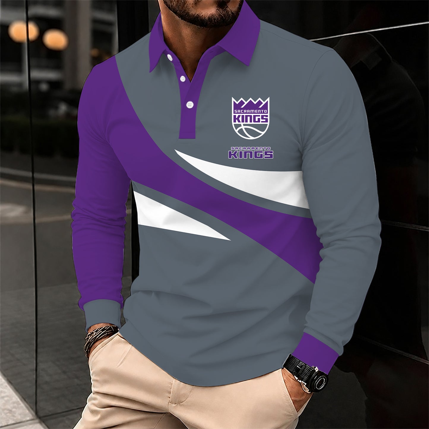 [HOT DEAL] NEW CUSTOMIZED NBA16 SKI SACRAMENTO KINGS MEN LONG SLEEVE POLO