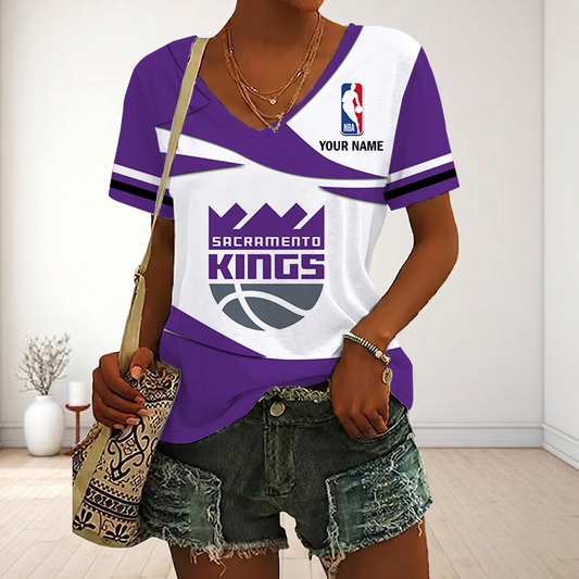 LIMITED EDITION - NEW CUSTOMIZED NBA16 SKI SACRAMENTO KINGS V-NECK FEMALE SHIRT