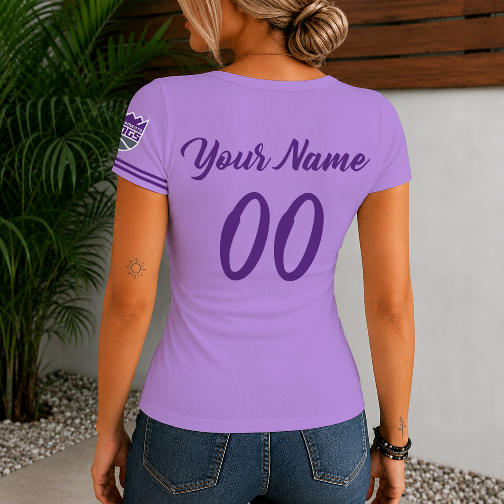 [HOT DEAL] NEW CUSTOMIZED NBA16 SKI SACRAMENTO KINGS  WOMEN'S SHORT SLEEVE HENLEY T-SHIRT