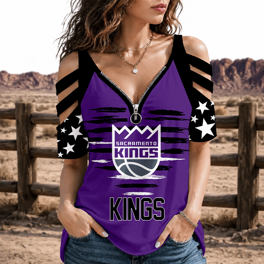 [HOT DEAL] NEW CUSTOMIZED NBA16 SKI SACRAMENTO KINGS STRAPPY COLD-SHOULDER TOP