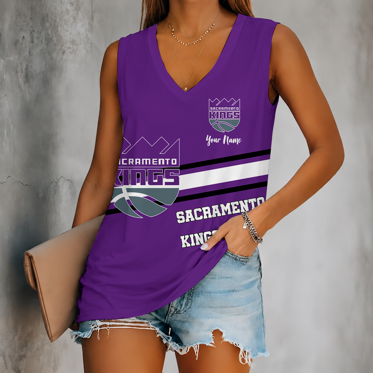 [HOT DEAL] NEW CUSTOMIZED NBA16 SKI SACRAMENTO KINGS WOMEN'S V-NECK TANK TOP