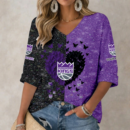 LIMITED EDITION - NEW CUSTOMIZED NBA16 SKI SACRAMENTO KINGS WOMEN'S HEART V-NECK LONG SLEEVE SHIRT